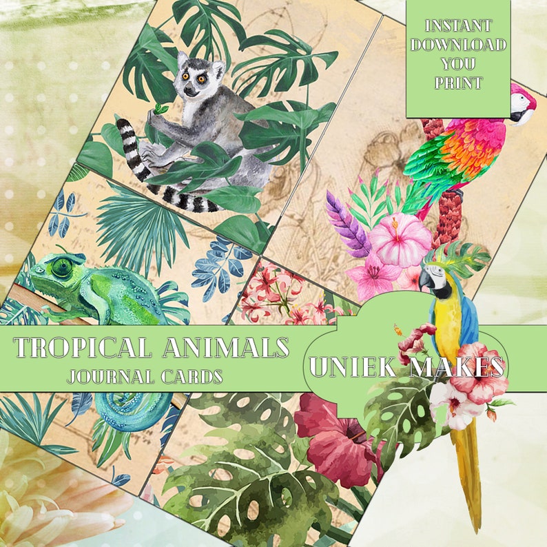 Tropical Animals Journal Cards, Junk Journal, Mixed Media, Ephemera