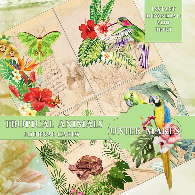 Tropical Animals Journal Cards, Junk Journal, Mixed Media, Ephemera