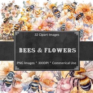 Watercolor Bees & Flowers Clipart - digital Png Bees and Flowers graphics for instant download commercial use