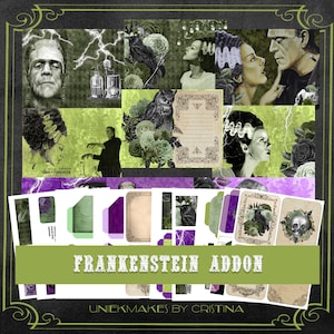 Pode incluir: Uma folha de colagem digital com tema Frankenstein. A folha inclui imagens do monstro de Frankenstein, sua noiva, corvos, rosas e outros elementos góticos. O texto "FRANKENSTEIN ADDON" e "UNIEKMAKES BY CRISTINA" estão incluídos na folha.