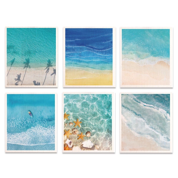 Swedish Dishcloths Set of 6 Summer Ocean Beach Designs on Sale! Best Eco-Friendly Paper Towel Alternatives - Kitchen Gift for Mom or Wife