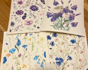 Swedish Dishcloths Set of 4 - Blue and Purple Floral Patterns - Best Eco-Friendly Paper Towel Alternatives Gift for Mom Wife