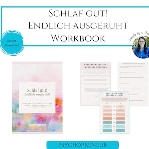 Könnte beinhalten: Ein rosa-blaues Aquarell-Arbeitsbuch mit dem Titel "Schlaf Gut! Endlich Ausgeruht! Workbook" und dem Text "Made by a therapist". Das Arbeitsbuchcover zeigt ein Blumenmuster mit den Worten "Schlaf gut! Endlich ausgeruht!" in einem weißen Kasten.