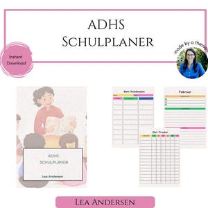 Puede incluir: Planificador digital con el texto "ADHS SCHULPLANER" y "Lea Andersen". La imagen incluye un dibujo de una maestra leyendo a niños y varias páginas de planificador con encabezados coloridos. Un círculo rosa dice "Descarga instantánea".