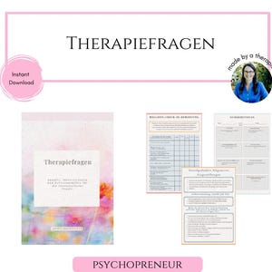 Könnte beinhalten: Ein digitaler Download von Therapiefragen zur Selbstreflexion und zum Wachstum. Das Cover zeigt einen rosa und blauen Aquarellhintergrund mit dem Text "Therapiefragen" in Schwarz. Der Text "Sofort-Download" befindet sich in einem rosa Kreis oben links. Der Text "made by a therapist" befindet sich in einem rosa Kreis oben rechts. Der Text "PSYCHOPRENEUR" befindet sich unten in der Mitte.