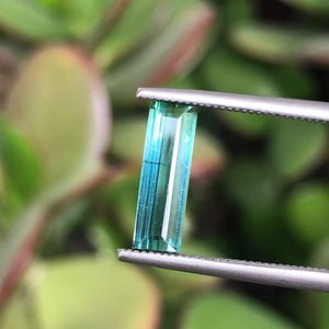 Blue-green bicolor tourmaline, visible inclusions, size 3.58x11.07, 1.35ct, no treatment, good rectangular cut