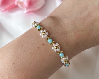 Braccialetto con fiori e perline rosa | Bracciali di perline | bracciale fatto a mano | Bracciale donna  |  braccialetto margherita