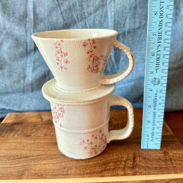 Unique coffee pour over set, Cherry blossom ceramic set, Handmade pottery