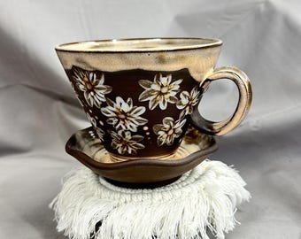 Hand crafted Pour Over, Floral Stoneware Dripper, Peach Pottery