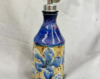 Hand Painted Stoneware Oil Dispenser | Purple Iris Cruet with Spout