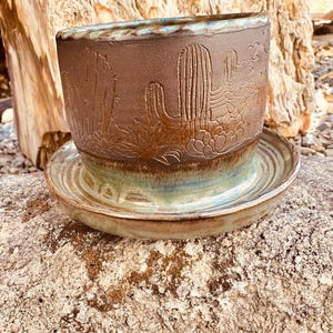 May include: A brown ceramic planter with a matching saucer featuring an embossed desert landscape design with various cacti and succulents. The pot has a dark brown upper section and a smooth, glossy teal and brown glazed base and saucer.