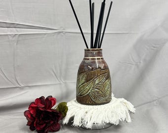 Carved Stoneware Bottle, Artisan Reed Diffuser, Boho Diffuser Jar, Spa Decor Gift