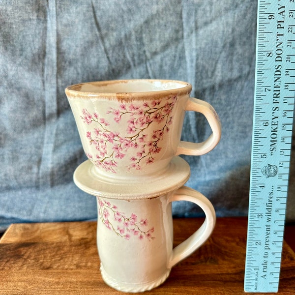 Unique coffee pour over set, Cherry blossom ceramic set, Handmade pottery