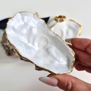Könnte beinhalten: Eine weiße Austernschale mit goldenem Rand, gehalten von einer Hand. Die Schale hat ein glänzendes, perlmuttartiges Inneres. Eine weitere ähnliche Schale mit einem goldenen Ring befindet sich im Hintergrund. Die Schalen werden wahrscheinlich als Schmuckschalen oder Dekorationsartikel verwendet.
