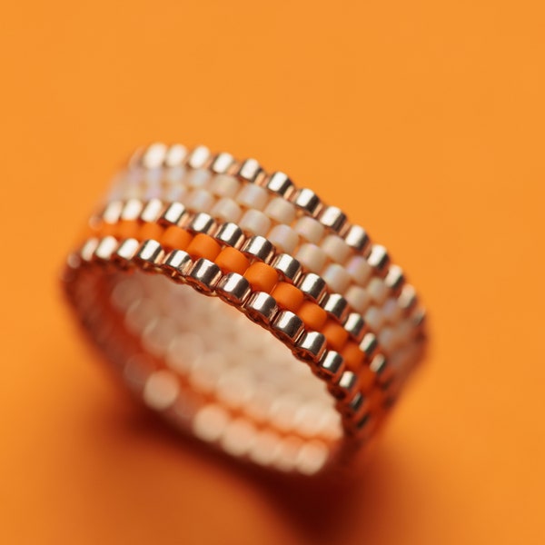 Ivory Sunset - High-End beaded ring, Seed Bead Ring, Bead Woven Band Ring,Seed Bead Jewelry, Delica Peyote Ring