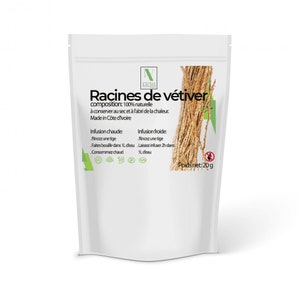 Peut inclure: Un sachet refermable blanc avec un logo vert et le texte "Racines de vétiver" en noir. Le sachet contient 20 grammes de racines de vétiver séchées, un ingrédient naturel utilisé pour faire des infusions. Le texte sur le sachet décrit comment préparer les racines pour des infusions chaudes ou froides.