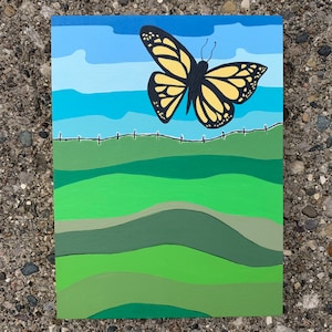 Butterfly painting, yellow butterfly original painting, butterfly art, butterfly in landscape, modern contemporary small painting, wall art