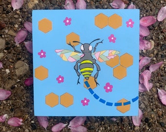 Honeybee original painting, bee painting, insect art, garden paintings, kids room wall art, honeybee small painting, bumblebee art, bees