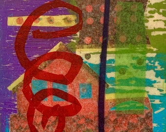 Original Abstract House Collage, Modern Wall Art, 6x6