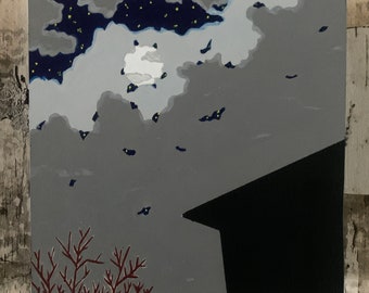 Abstract Full Moon Acrylic Painting, Night Sky Art, 6x6 Wood Panel