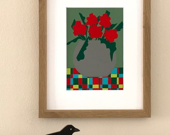 Red Flowers Original Acrylic Painting, Vase Still Life, Framed Art Gift