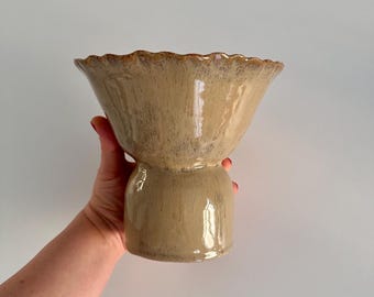 Handmade pedestal in warm earth tones, decorative serving bowl, ceramic fruit bowl, housewarming gift