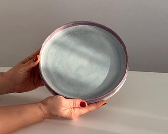 Handmade plate with blue and pink tones,featuring drippy glaze.Serving plate,dinnerware...