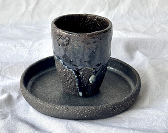 Handmade Ceramic Espresso Cup with Saucer: Black Speckled Clay