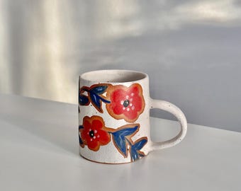 Handmade Ceramic Espresso Cup Set: White Speckled with Floral Design