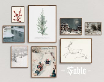 Set di Natale invernale di 8 stampabili d'arte / Vacanze sulla neve vittoriane vintage Arte digitale / Stampe sempreverdi su slitte trainate da renne