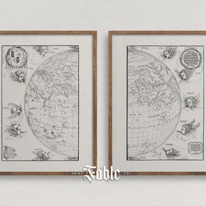 Vintage Karten Set mit 2 Illustrationen | Antike Weltkarte Drucke | Druckbare Kunst | Digitaler Download