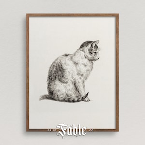 Dibujo de gato minimalista / Ilustración de grafito felino antiguo / Arte imprimible / Descarga digital