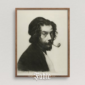 May include: Black and white drawing of a man with long curly hair and a beard, wearing a hat and holding a pipe in his mouth. The drawing is framed in a wooden frame. The text "PRINT Fable CO." is printed below the drawing.
