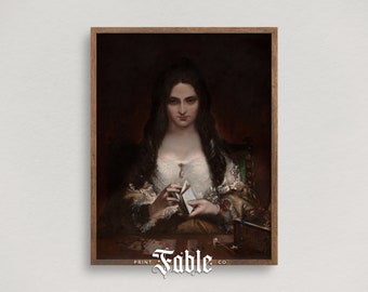May include: A painting of a woman in a white dress with a dark background. She is holding a small, folded piece of paper in her hands. The painting is framed in a dark wood frame.