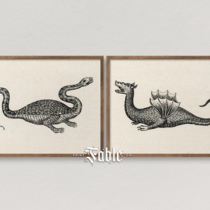 Medieval Creatures Set of 2 Illustrations | Antique Reptiles Art | Dragons and Sea Creatures | Digital Download