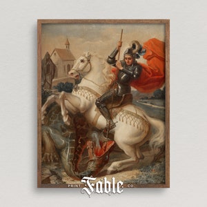 Knight Slaying the Dragon | Vintage Medieval Hero Painting | Printable Art | Digital Download