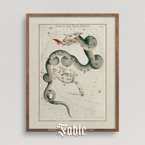 Himmelskarte von Draco und Ursa Minor | Vintage Mythologische Sternenkarte Print | Druckbare Kunst
