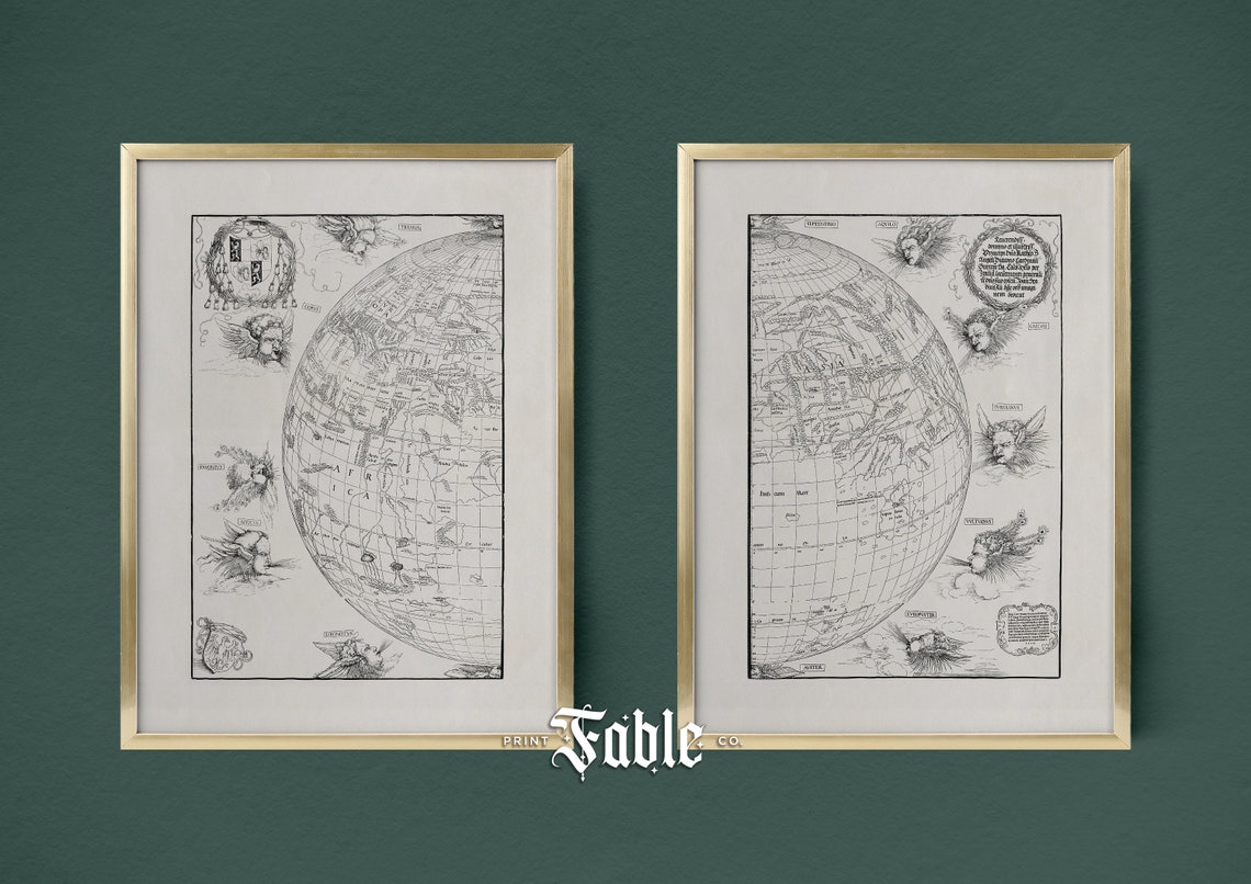 Vintage Map Set of 2 Illustrations Antique World Map Prints Printable ...
