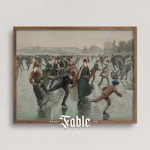 Vintage Ice Skating Artwork | Printable Winter Skaters on Frozen Lake | Victorian Christmas Digital Download