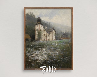 Kasteel op gebied van bloemen Vintage schilderij | Sprookjesachtige afdrukbare kunst | Digitaal downloaden