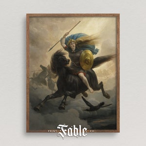 Valkyrie in the Clouds | Vintage Norse Warrior Woman on Horse | Mythology Printable Art | Digital Download