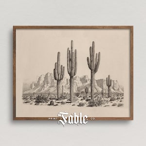 Desert Landscape Drawing | Vintage Western Wall Art Cactus Illustration | Printable Art | Digital Download