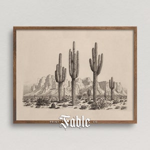 Desert Landscape Drawing | Vintage Western Wall Art Cactus Illustration | Printable Art | Digital Download