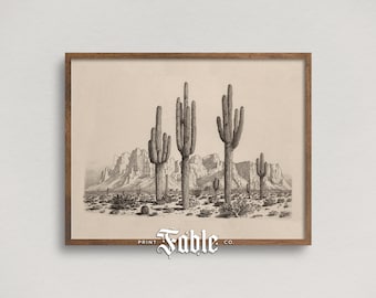 Desert Landscape Drawing | Vintage Western Wall Art Cactus Illustration | Printable Art | Digital Download