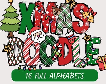 May include: A colorful Christmas doodle alphabet with 16 full alphabets. The letters are decorated with Christmas patterns, including plaid, stripes, and polka dots. There are also Christmas-themed illustrations, such as a Christmas tree, Santa Claus, reindeer, and a candy cane.