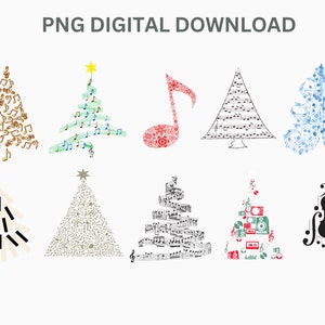 May include: A selection of Christmas tree designs composed of musical notes, treble clefs, and other musical symbols. The trees are in diverse colours and styles, including a piano key tree and a violin-shaped tree. The text "PNG DIGITAL DOWNLOAD" is at the top.