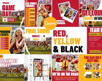 Red, Yellow & Black Social Media Canva Templates | 23 Square Posts | Sports Team Game Day Graphics for Instagram