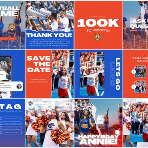 Puede incluir: Un collage de nueve im&aacute;genes que promocionan un partido de f&uacute;tbol americano. Las im&aacute;genes muestran animadoras, fan&aacute;ticos y la mascota del equipo. El texto en las im&aacute;genes incluye "Football Game", "Save the Date", "Let's Go Lions", "Thank You 100K Followers" y "Ask Us a Question".