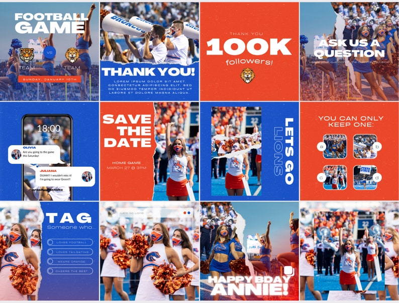 Puede incluir: Un collage de nueve im&aacute;genes que promocionan un partido de f&uacute;tbol americano. Las im&aacute;genes muestran animadoras, fan&aacute;ticos y la mascota del equipo. El texto en las im&aacute;genes incluye "Football Game", "Save the Date", "Let's Go Lions", "Thank You 100K Followers" y "Ask Us a Question".