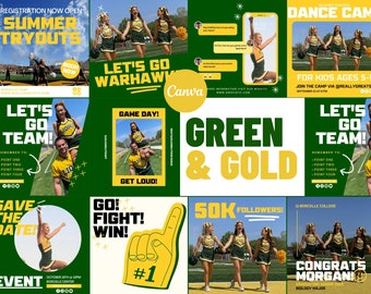 Green & Gold Social Media Canva Templates | 20 Square Posts | Sports Team Game Day Graphics for Instagram